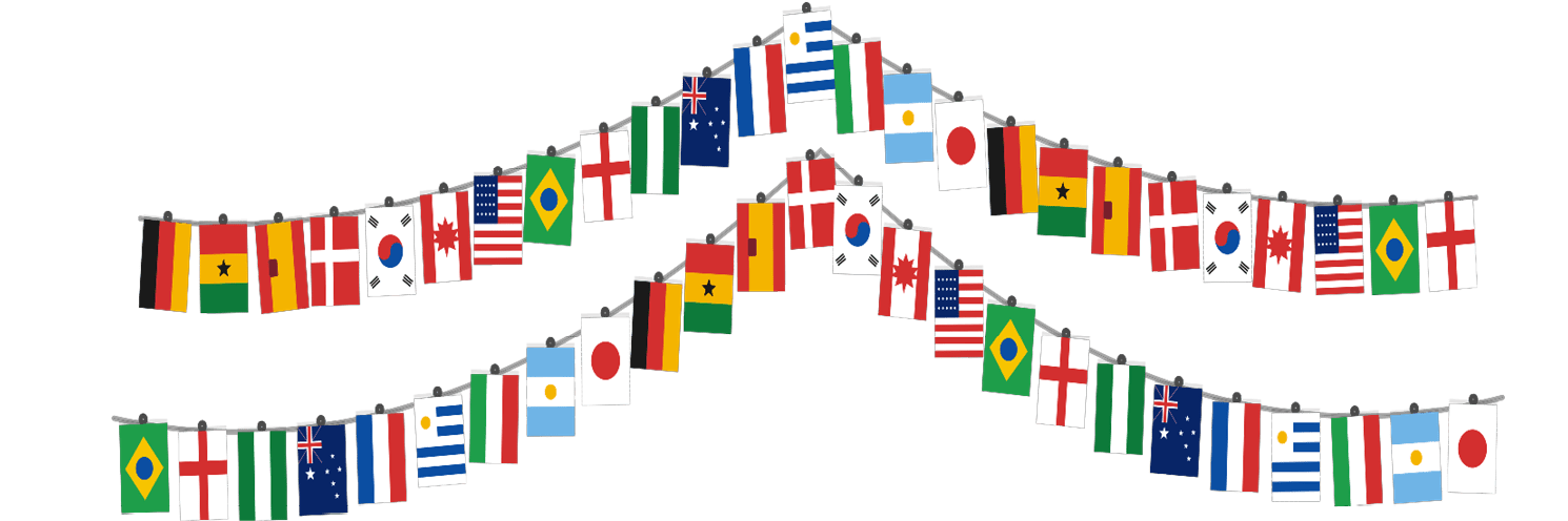 Three wavy rows of small international flags are arranged horizontally with overlapping patterns. Description generated by AI