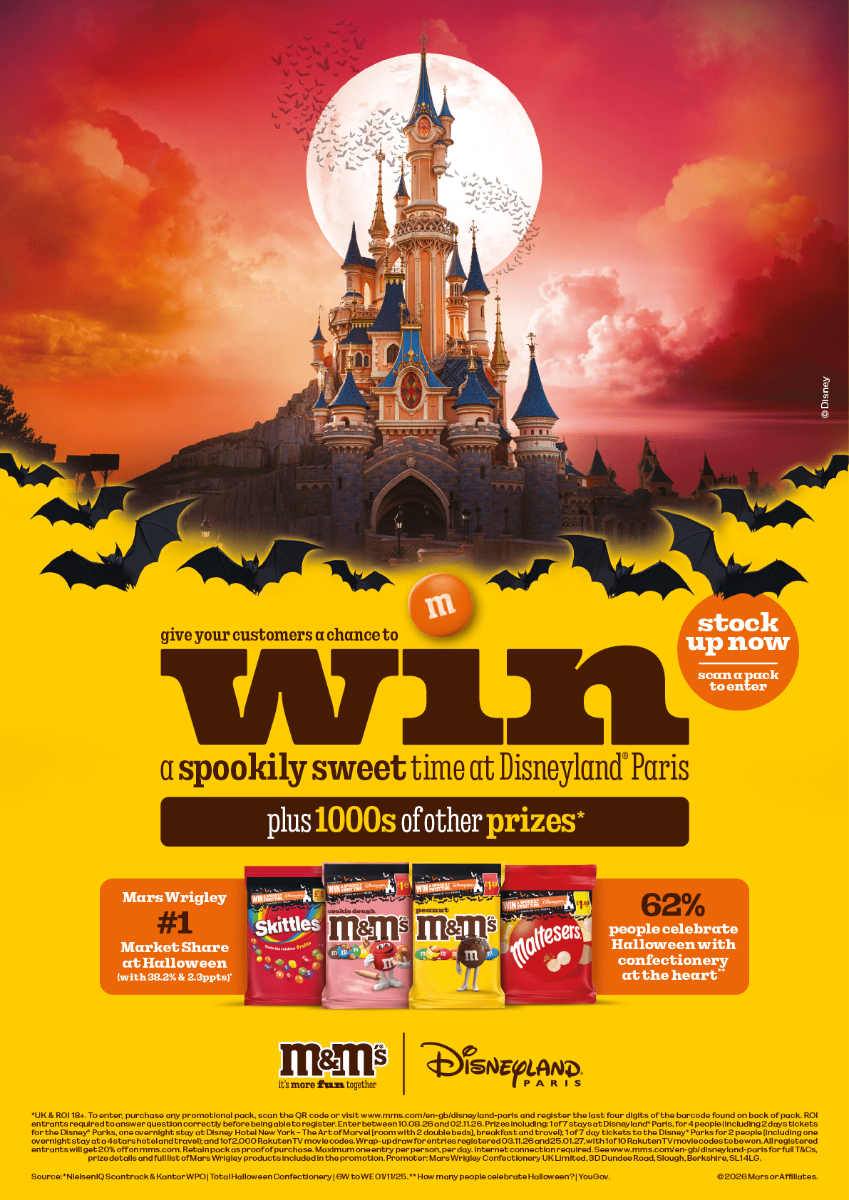 A promotional graphic featuring a spooky Halloween-themed Disneyland Paris castle with bats flying around and colorful candy bags offering a chance to win prizes. Description generated by AI