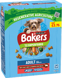 A colorful package of Purina Bakers dog food featuring a happy dog, vegetables, and the text promoting regenerative agriculture and superfoods. Description generated by AI