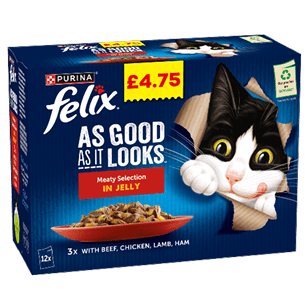 A box of Purina Felix cat food featuring a playful black and white cat peeking through torn paper with a plate of meaty jelly selection including beef, chicken, lamb, and ham, priced at £4.75. Description generated by AI