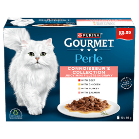 A box of Purina Gourmet Perle Connoisseur's Collection cat food featuring a white fluffy cat and a plate of mini fillets in gravy with beef, chicken, turkey, and salmon flavors. Description generated by AI