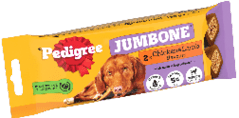 A partially visible dog food package with an image of a dog lying down on an orange and purple background. Description generated by AI
