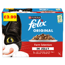 A box of Purina Felix Original Farm Selection cat food in jelly with chicken, lamb, duck, chicken, and turkey flavors, featuring a black and white cat licking its lips. Description generated by AI