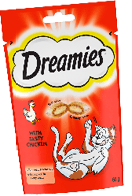 A red package of Dreamies cat treats featuring a cartoon chicken, a cat paw, and an illustration showing the treat's soft inside and crunchy outside. Description generated by AI