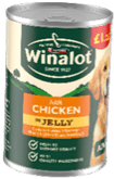 A can of Purina Winalot dog food with chicken flavor and a partial image of a happy dog on the label. Description generated by AI