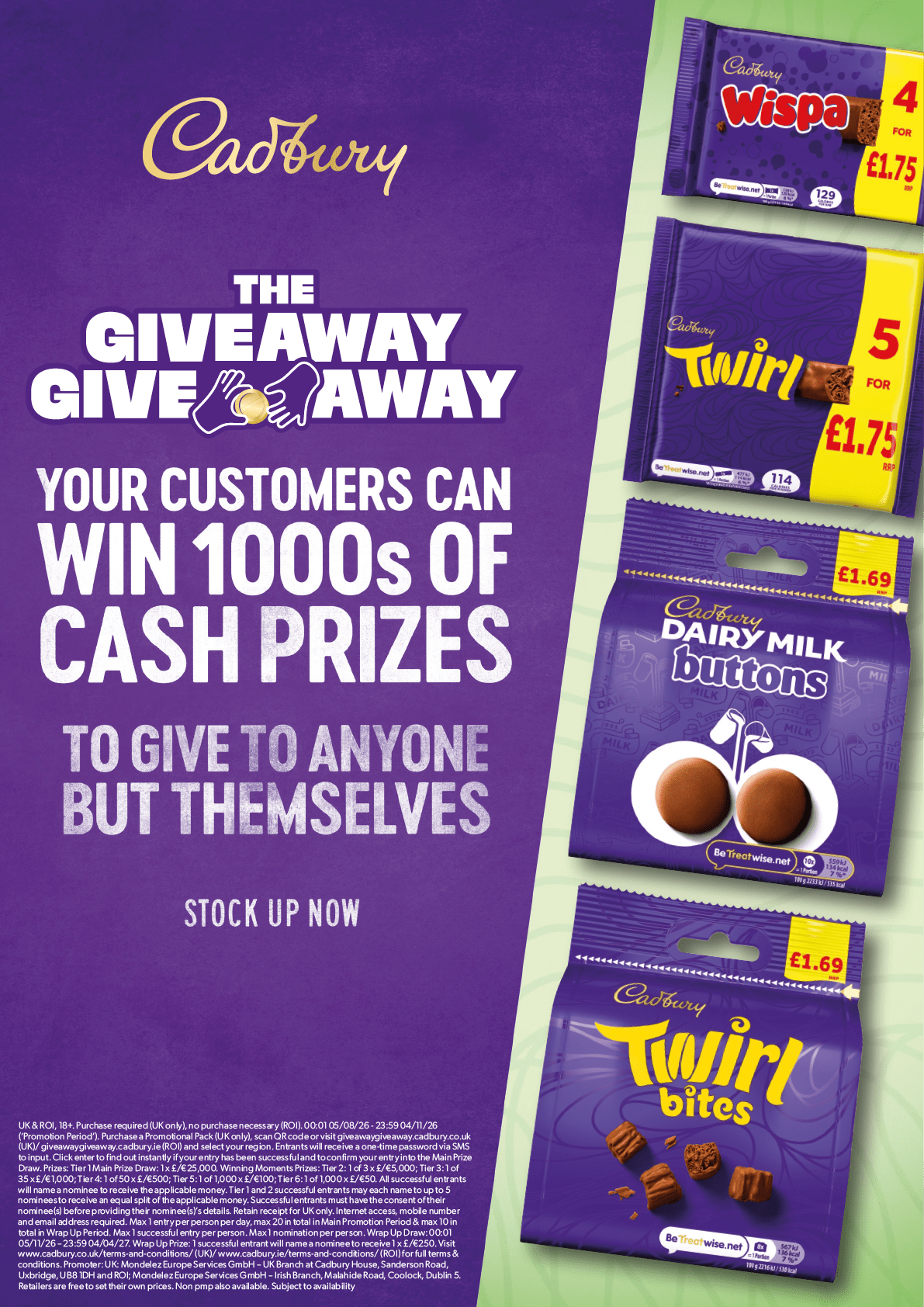 Cadbury advertisement promoting a giveaway where customers can win cash prizes by stocking up on various Cadbury chocolate products including Wispa, Twirl, Dairy Milk Buttons, and Twirl Bites. Description generated by AI