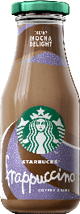 A close-up of a container label with the text “Creamy Mocha Delight" on a brown and purple background. Description generated by AI