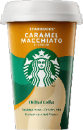 A close-up of a Starbucks cup featuring the caramel macchiato flavor label and the green Starbucks mermaid logo. Description generated by AI