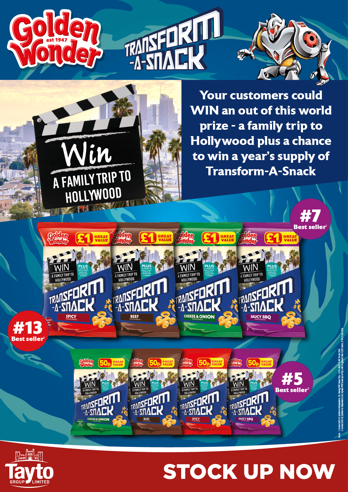 Golden Wonder advertises a contest to win a family trip to Hollywood and a year's supply of Transform-A-Snack products, showing various snack bags with bold text highlighting best sellers and encouraging customers to stock up now. Description generated by AI