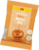 A package of Local Living Baking Batter Mix for Yorkshire puddings and pancakes with instructions to add one egg, oil, and water. Description generated by AI