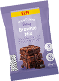 A purple packet of Local Living Baking Brownie Mix with an image of stacked chocolate brownies dripping with chocolate and text indicating it makes nine brownies and requires adding one egg, water, and oil. Description generated by AI
