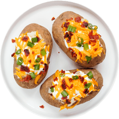 Three baked potatoes topped with sour cream, shredded cheddar cheese, chopped green onions, and bacon bits on a white plate. Description generated by AI