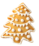 A close-up of a decorated gingerbread cookie shaped like a Christmas tree with white icing details. Description generated by AI