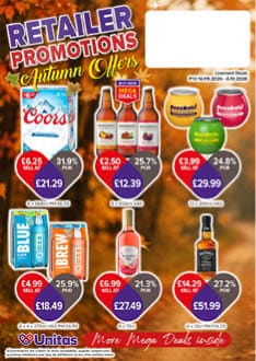 Retailer promotions for autumn offers featuring discounted prices on various alcoholic beverages including Coors beer, Buzzballz cocktails, Blue Brew energy drinks, and bottles of wine and whiskey with colorful price tags and a warm autumn leaf background. Description generated by AI