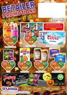 Retailer promotions flyer showcasing autumn offers on various grocery items including beverages, snacks, condiments, and household products with prices and discounts highlighted. Description generated by AI