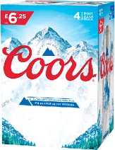 A blue and white box of Coors beer featuring snowy mountain peaks with red Coors branding and a price tag. Description generated by AI