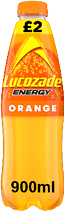 A 900ml bottle of Lucozade Energy Orange drink with a price label of £2 on the cap. Description generated by AI