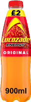 A 900ml bottle of Lucozade Energy Original with a red cap and a yellow label showing a price of £2. Description generated by AI