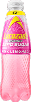 A pink plastic bottle of Lucozade Energy Zero Sugar Pink Lemonade with a yellow label indicating a price of £2. Description generated by AI
