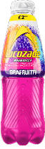 A pink Lucozade Energy bottle with zero sugar and grapefruit flavor is shown with a yellow label indicating a price of £2. Description generated by AI