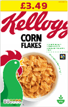 A box of Kellogg's Corn Flakes cereal with a bowl of flakes and a green rooster illustration on the front, priced at £3.49. Description generated by AI