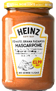 A jar of Heinz tomato, Grana Padano, and mascarpone sauce with a yellow lid and a label highlighting no added sugar and a price tag. Description generated by AI