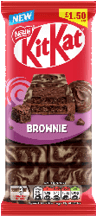 Nestle KitKat Brownie chocolate bar packaging with an image of a brownie-flavored chocolate piece and a price label. Description generated by AI