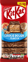 Nestl KitKat chocolate bar packaging featuring a cookie dough flavor with an image of a chocolate-covered wafer and cookie dough pieces on a red and blue background.  Description generated by AI