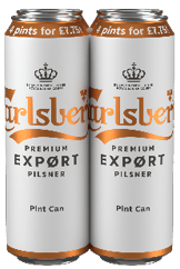 Two cans of Carlsberg Premium Export Pilsner beer with white and orange labels and text indicating a promotional price for four pints. Description generated by AI