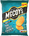 A blue and black bag of McCoy's ridge cut Thai sweet chicken flavored potato crisps with an image of two ridged crisps on the front and a price tag in the top right corner. Description generated by AI