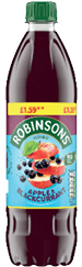 A plastic bottle of Robinsons Apple & Blackcurrant squash with a green cap and a label featuring images of apples and blackcurrants. Description generated by AI