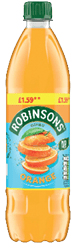 A plastic bottle of Robinsons orange-flavored drink with a green cap and a label featuring stacked orange slices and a price tag. Description generated by AI