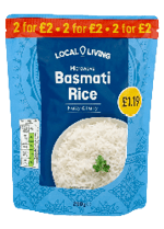 Blue and red packaging of Local Living microwave basmati rice labeled as nutty and fluffy with a price tag and a photo of cooked rice garnished with a small green herb. Description generated by AI