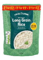 A green and teal package of Local Living microwave long grain rice labeled mild and fluffy with a price tag and a promotional banner offering two for two pounds. Description generated by AI