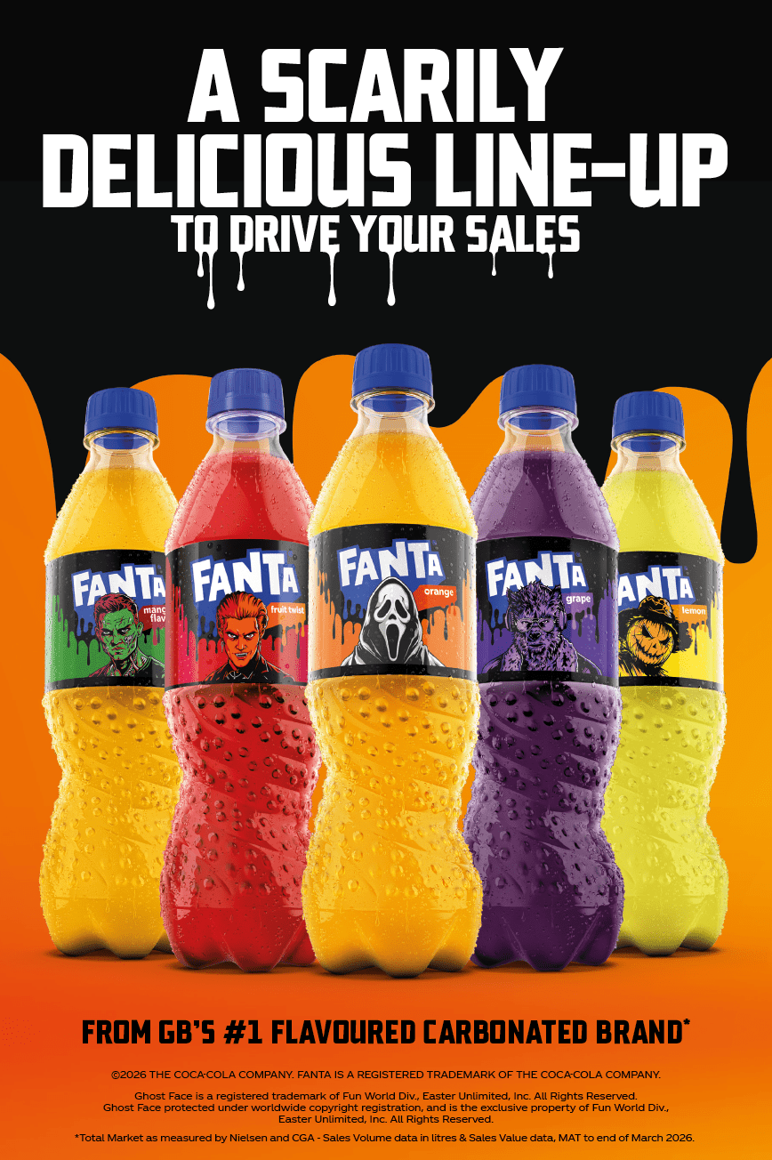Five colorful Fanta bottles with Halloween-themed labels are displayed against a black and orange background with the text promoting a “scarily delicious line-up to drive your sales." Description generated by AI