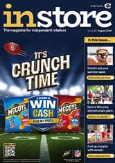The cover of a retail magazine features a football on a field with the headline “It's Crunch Time" and a promotion to win cash and prizes with McCoy's snacks. Description generated by AI