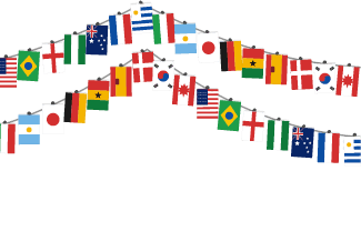 Strings of small international flags are hung in a festive, wavy pattern against a white background. Description generated by AI