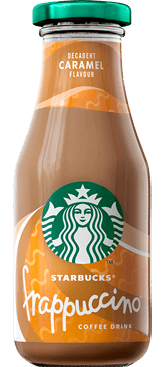 A bottle with a green cap labeled “Decadent Caramel Flavour" with a brown and orange design. Description generated by AI