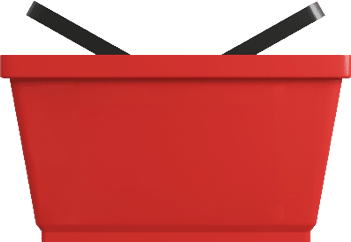 A red plastic basket with two black handles angled outward. Description generated by AI