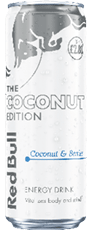 A silver can of Red Bull The Coconut Edition energy drink with coconut and berries flavor and condensation droplets on its surface. Description generated by AI