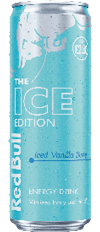 A blue can of Red Bull The Ice Edition energy drink with the flavor Iced Vanilla Berry and text indicating it vitalizes body and mind. Description generated by AI