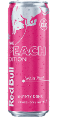 A pink can of Red Bull energy drink labeled The Peach Edition with White Peach flavor and a price tag. Description generated by AI