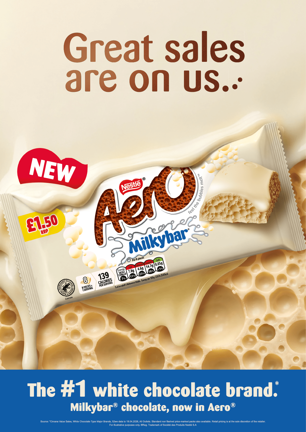 A promotional advertisement for Nestl Aero Milkybar white chocolate bar highlighting a special price and its status as the number one white chocolate brand.  Description generated by AI