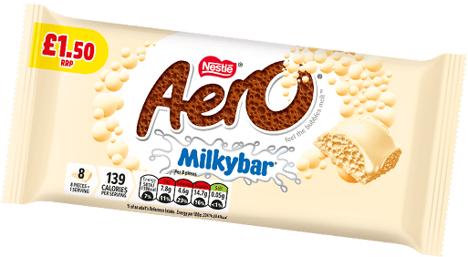 A Nestl Aero Milkybar chocolate bar wrapper with a creamy white design and an image of the chocolate showing its bubbly texture.  Description generated by AI