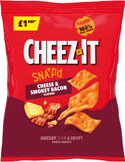 A red and dark purple bag of Cheez-It snacks labeled “Sna'P'd Cheese & Smokey Bacon flavour" with images of cheese, bacon strips, and crispy snack pieces. Description generated by AI