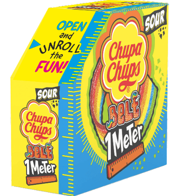 Brightly colored packaging with bold text encouraging to open and enjoy a Chupa Chups lollipop. Description generated by AI
