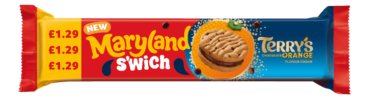 A colorful wrapper for a snack called Maryland S'wich featuring Terry's Chocolate Orange with a price tag displayed multiple times. Description generated by AI