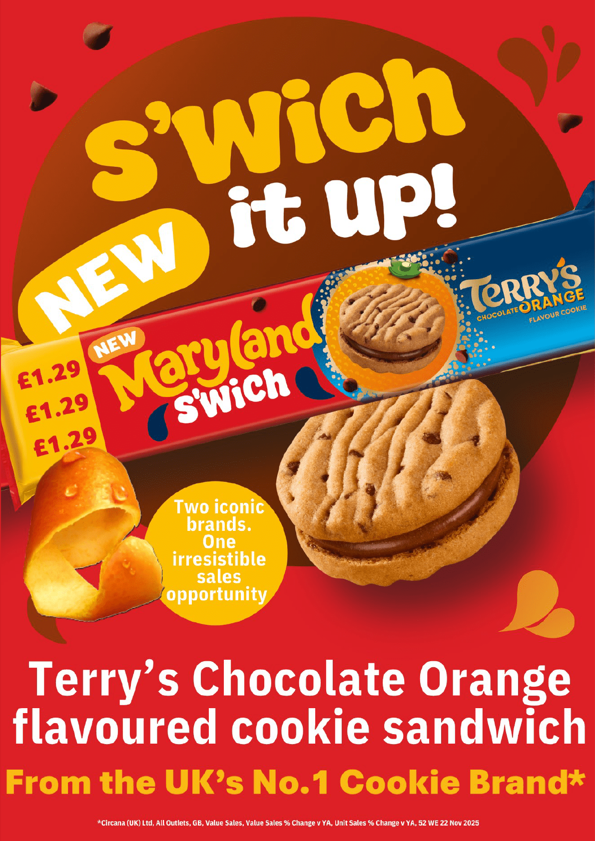 Terry's Chocolate Orange flavored cookie sandwich advertisement featuring a wrapped cookie sandwich and a peeled chocolate orange with bold text highlighting it as a new product from the UK's number one cookie brand. Description generated by AI