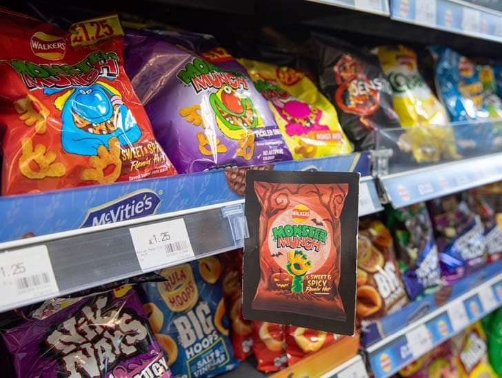 Colorful bags of Monster Munch snacks are displayed on supermarket shelves with price tags visible. Description generated by AI