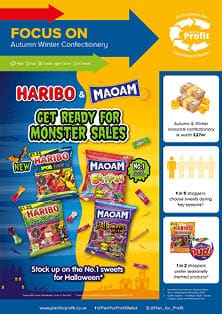 Promotional graphic highlighting Haribo and Maoam sweets for autumn and Halloween sales with statistics on seasonal confectionery shopping habits. Description generated by AI